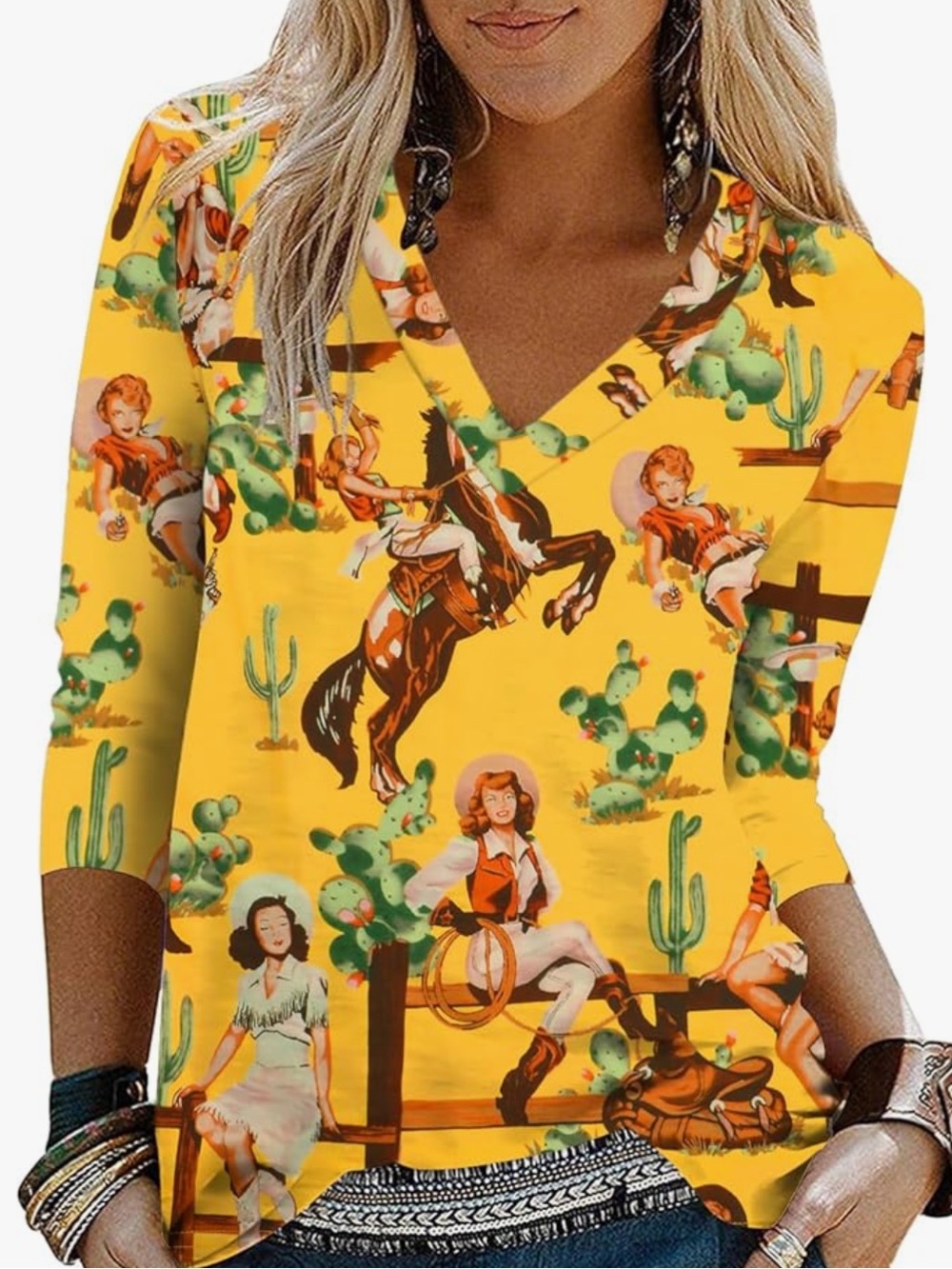 Chic Nation Yellow Western Print V-Neck Long Sleeve Top